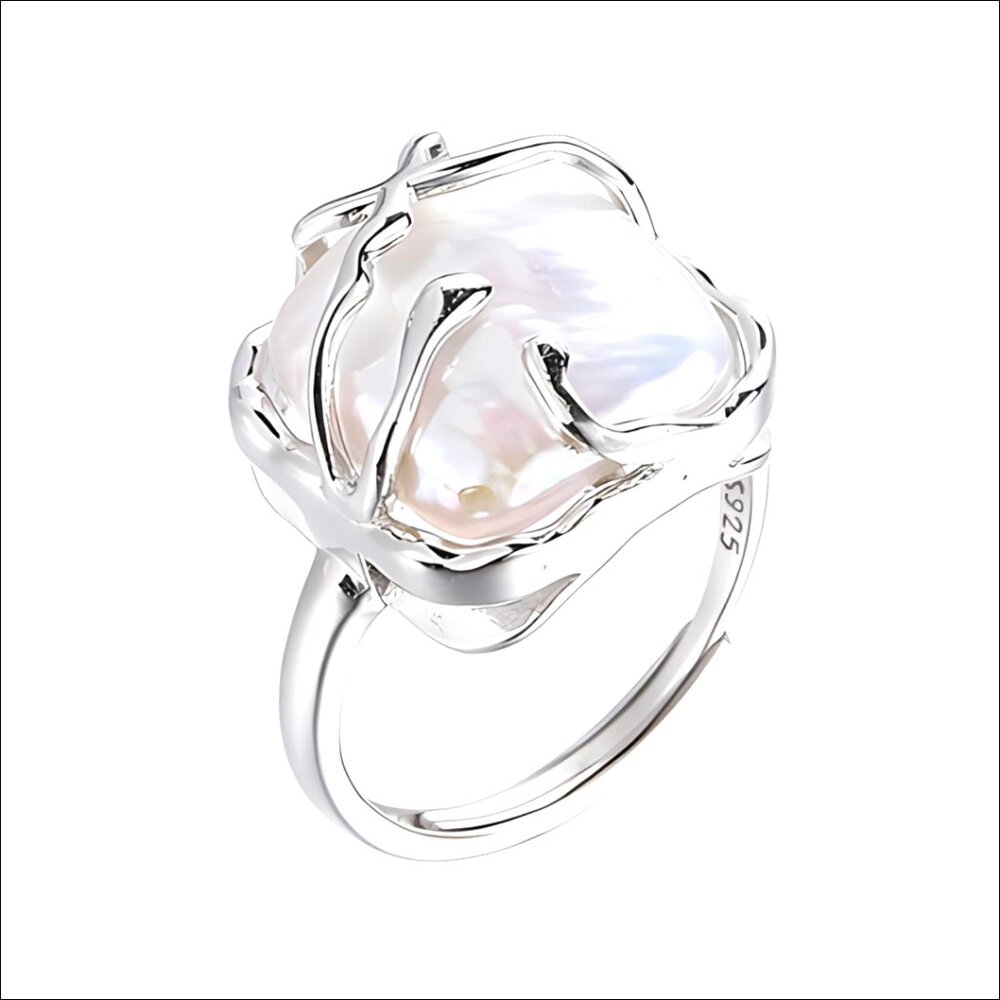 Adjustable Baroque Pearl Statement Ring, Brass Si… - image 1
